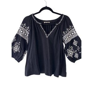 Solitaire Womens Black White Floral Embroidered V-Neck Boho Peasant Top L
